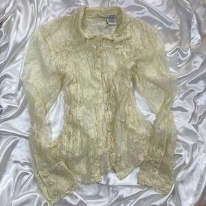 Vintage White Stag Lace Blouse Ivory Excellent Pearl Button Sheer Y2K Top